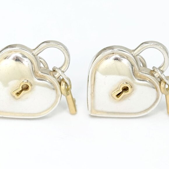 Tiffany & Co. Heart Key Padlock Clip-On Earrings Silver 925 & 18k Gold 750 Auth - Picture 1 of 16